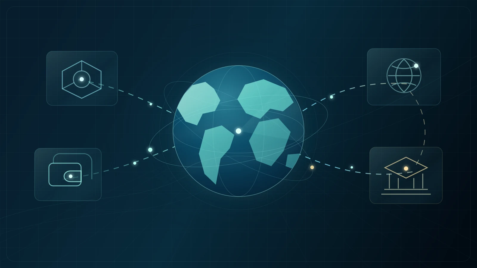 Editorial illustration of wallet and reporting-provider data moving through a global tax transparency network