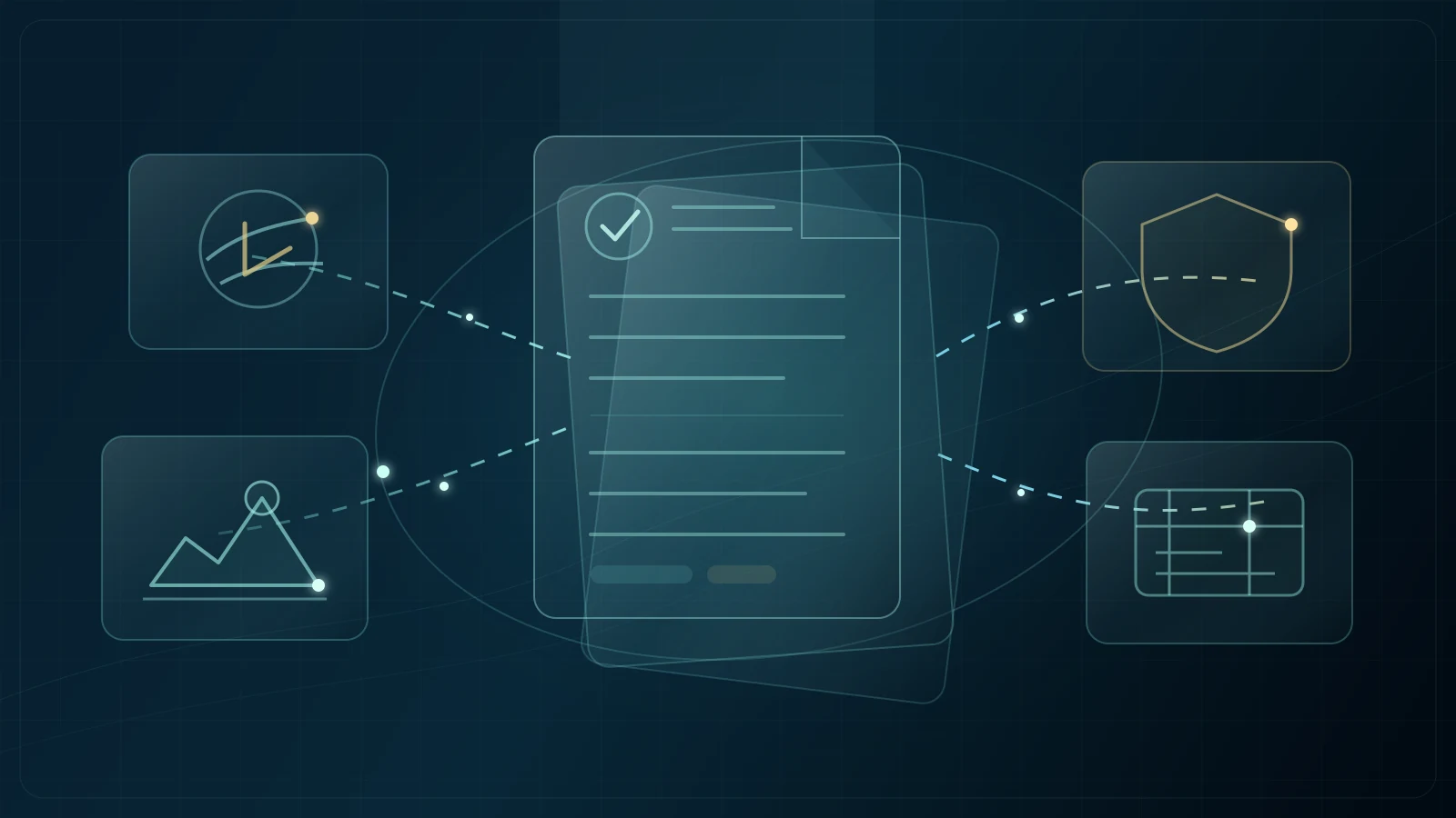 Ilustración editorial de registros de activos, documentos de titularidad y evidencias de operaciones convergiendo en un perfil financiero verificado