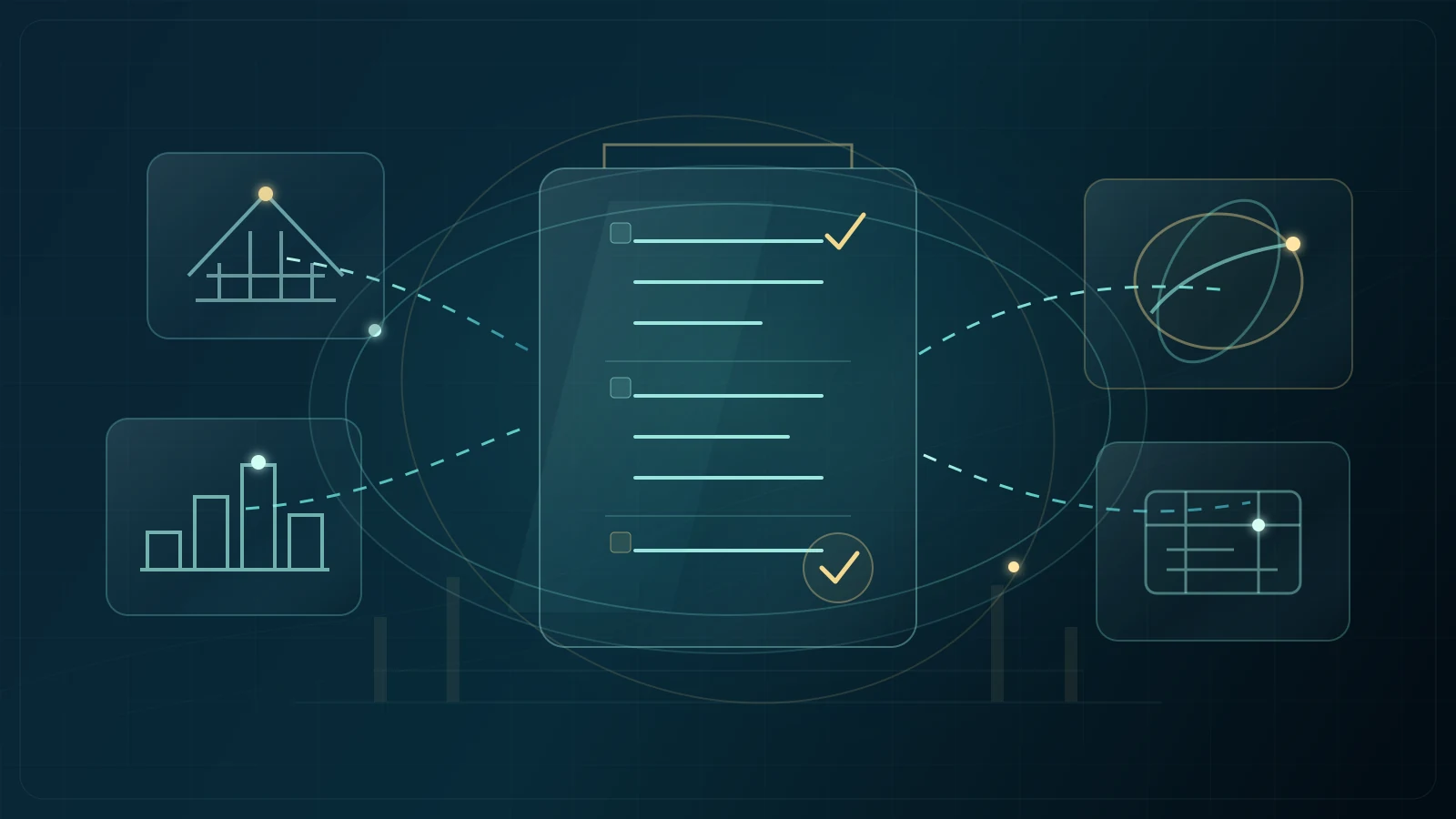 Editorial illustration of an organised corporate tax system with accounting layers, connected entities and a free-zone boundary